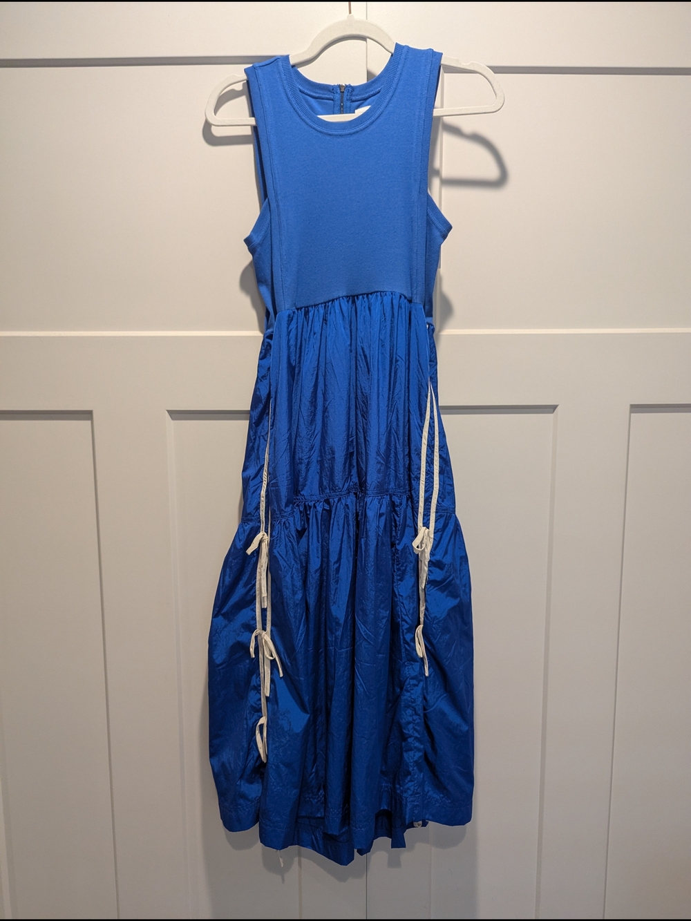 Sleeveless Blue Maxi Dress with Tiered Skirt and Drawstring Details